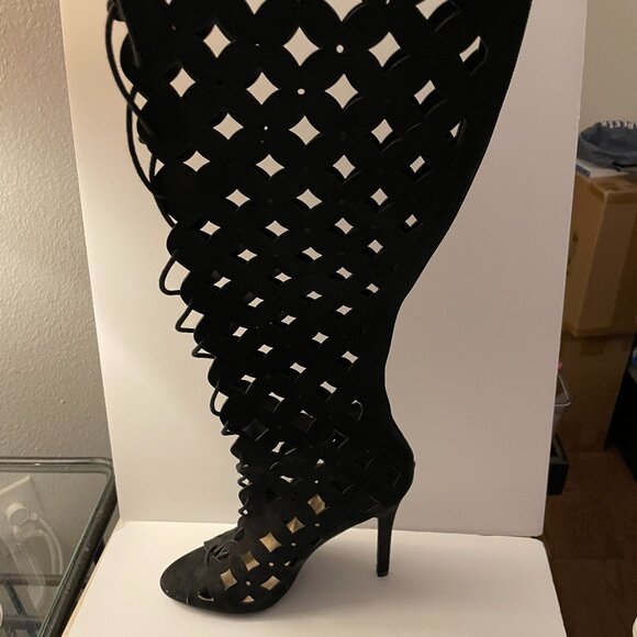 JUST FAB Lace up open toe gladiator knee high boots - Picture 2 of 6